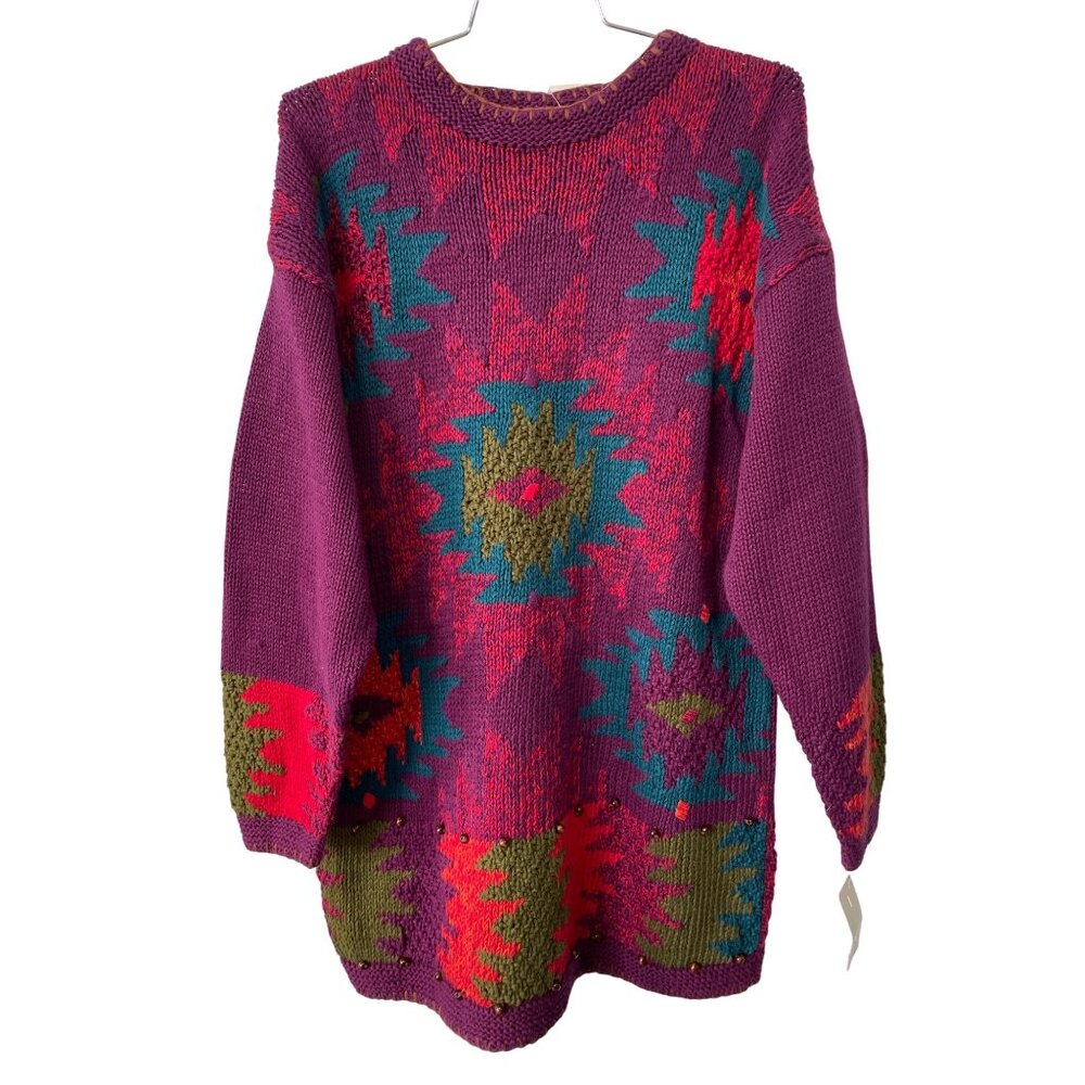 Vintage 80s Lord Isaacs Sweater Medium Beaded Aztec Cozy Artsy Deadstock NEW